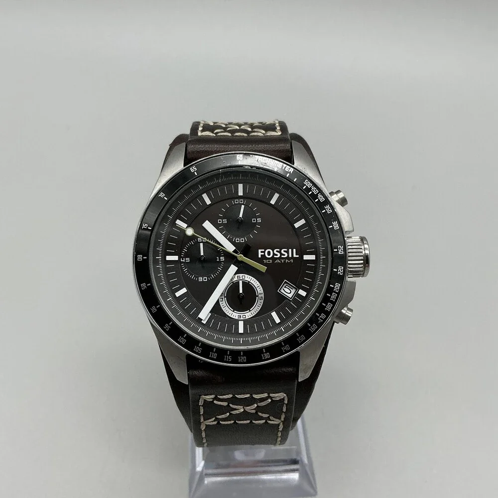Fossil CH2599 Mens Watch 44mm Black Dial Leather Chronograph Date New Battery